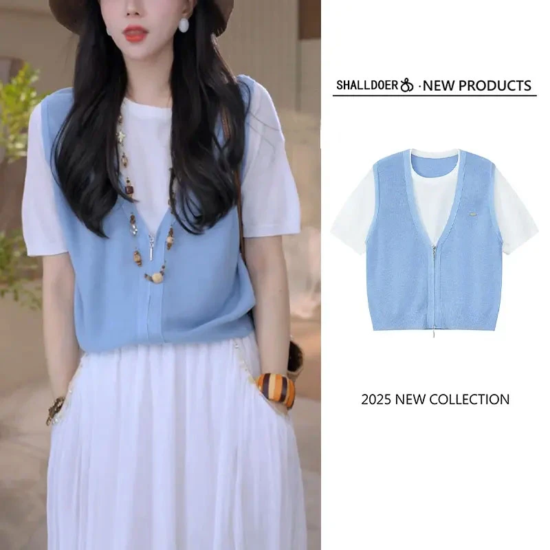 欧若风假两件短袖针织衫女2025年夏季大码女装洋气减龄慵懒风上衣