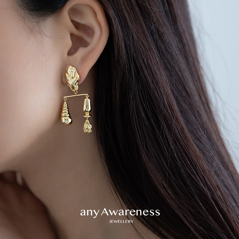 铜合金耳饰 《海女日记》赶海达人金色不对称耳环/多功能锁骨链