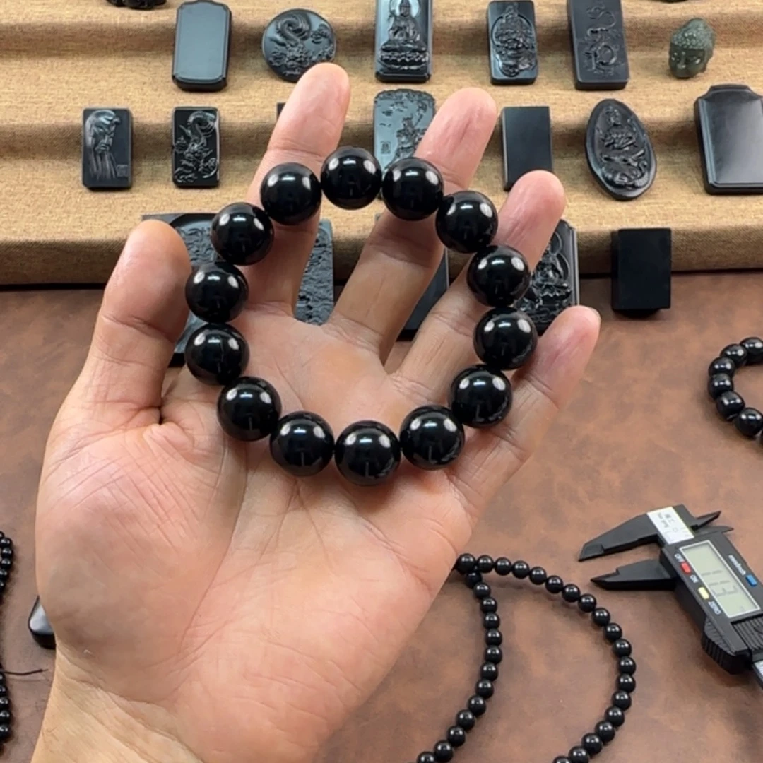 老***民和田玉（墨玉）未镶嵌手链精品16圆形手串