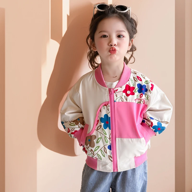 女童拼色夹克外套新款洋气时尚女宝宝棒球服花朵长袖休闲夹克衫潮