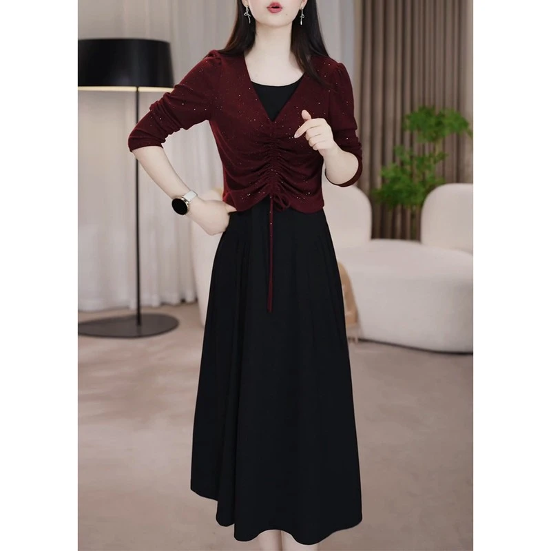 俞兆林高端气质长袖两件套连衣裙女2025春秋新款妈妈爆款显瘦背心