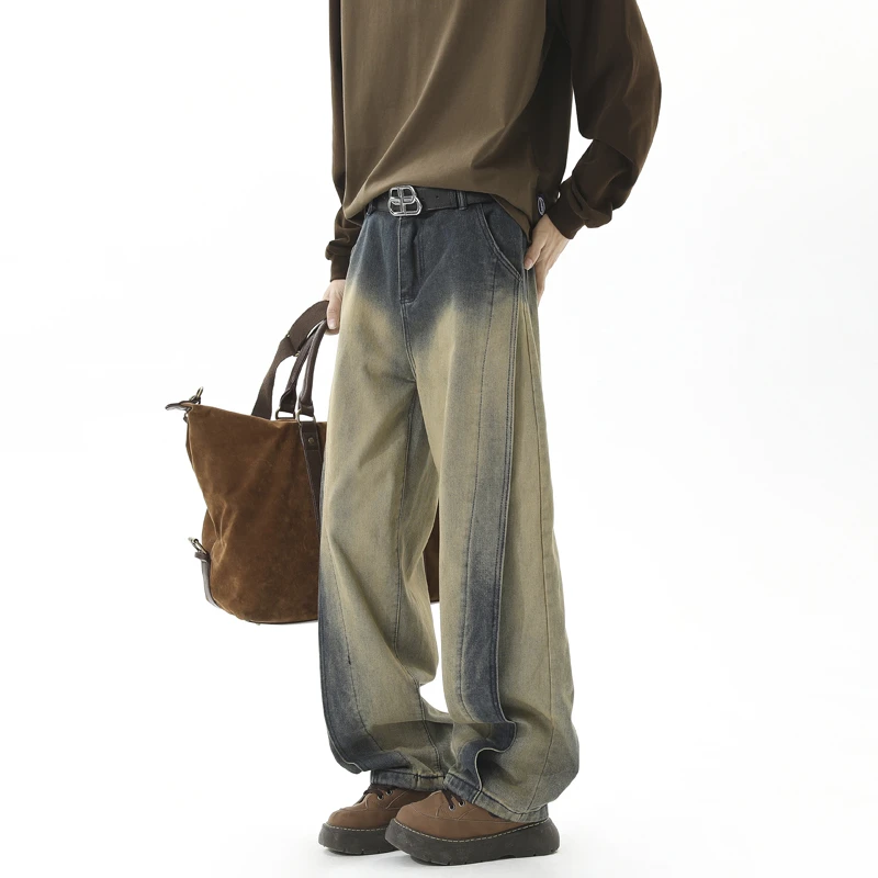 水洗扎染裤子男潮牌美式高街拼接工装牛仔裤宽松阔腿弯刀裤设计感