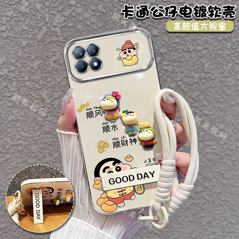 适用oppoa53 5g手机壳小新顺财神大视窗折叠支架防摔软壳女款可爱