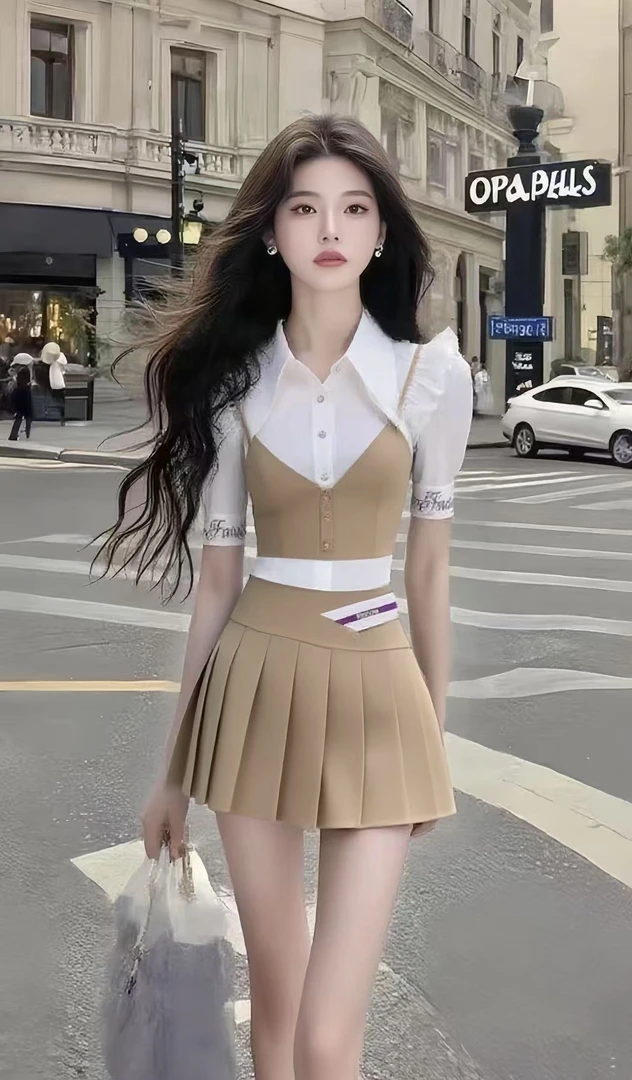 夏季新款别致设计感修身短袖衬衫+卡其色百搭显瘦半裙氛围感穿搭
