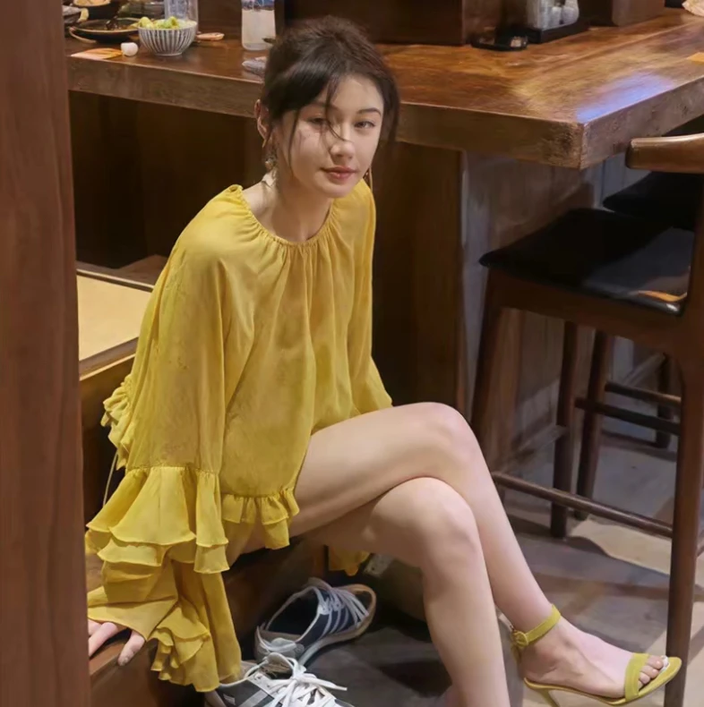法式喇叭袖雪纺衬衫女夏薄款宽松设计感小众高级感轻奢荷叶边上衣