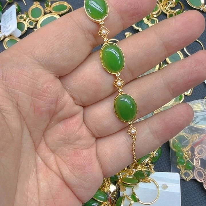 和田玉（碧玉）手链银S925镀金镶嵌云**你