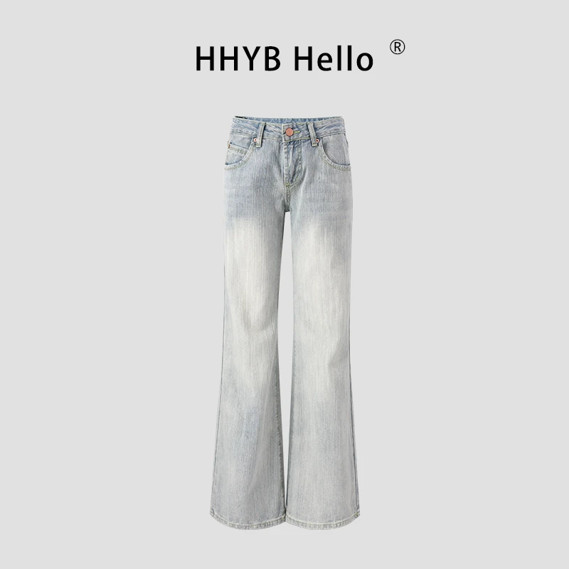 HHYB Hello中低腰竹节纹淡薄荷色调牛仔裤女直筒休闲裤Q254319