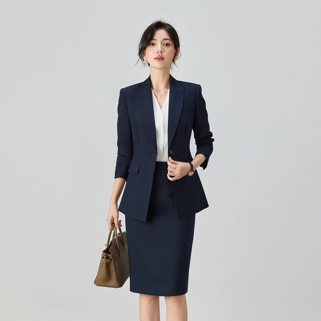 春秋新款藏青色职业西装套装女正装半身裙商务面试工作装西服套裙