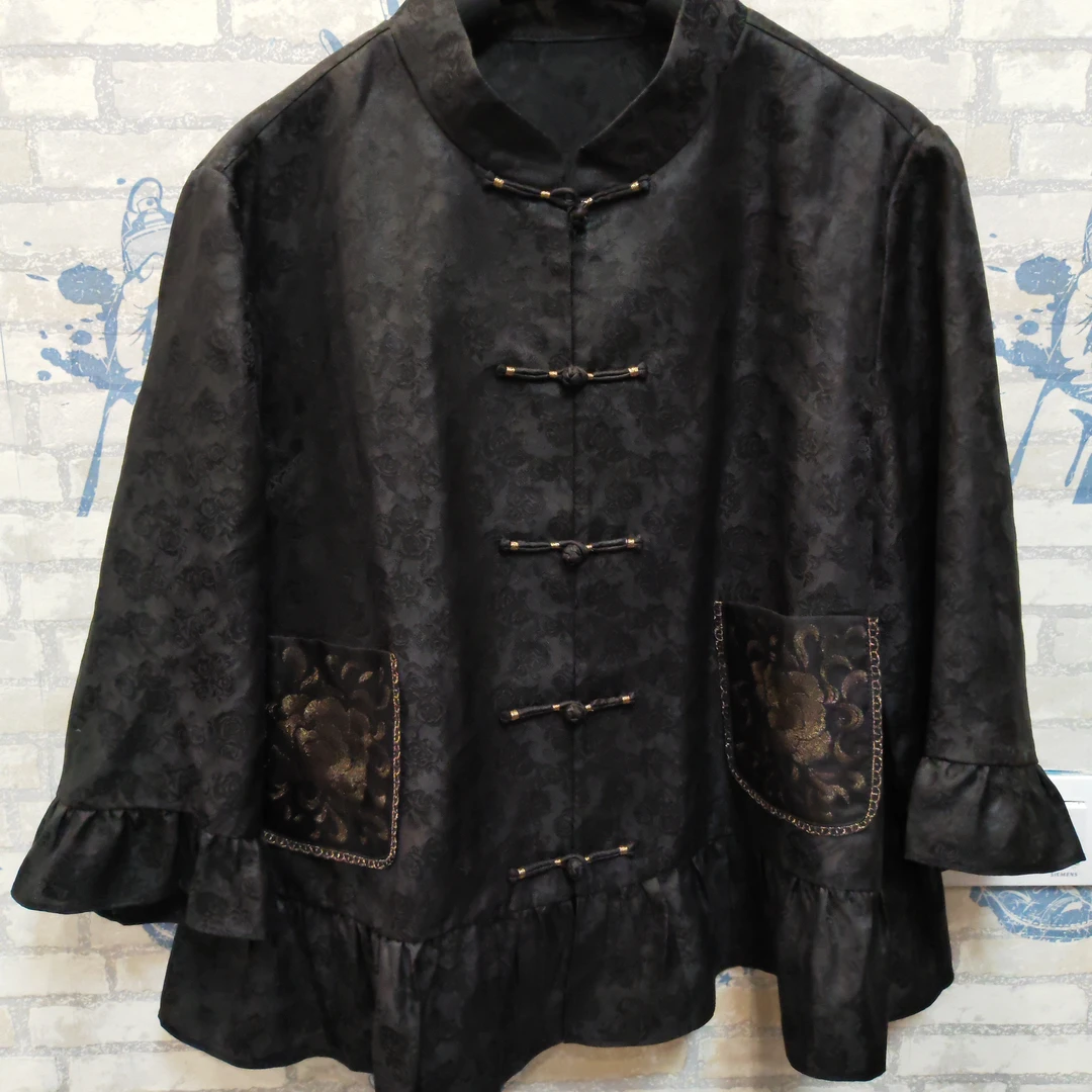 香云纱提花长袖立领黑色新中式盘扣开衫25183