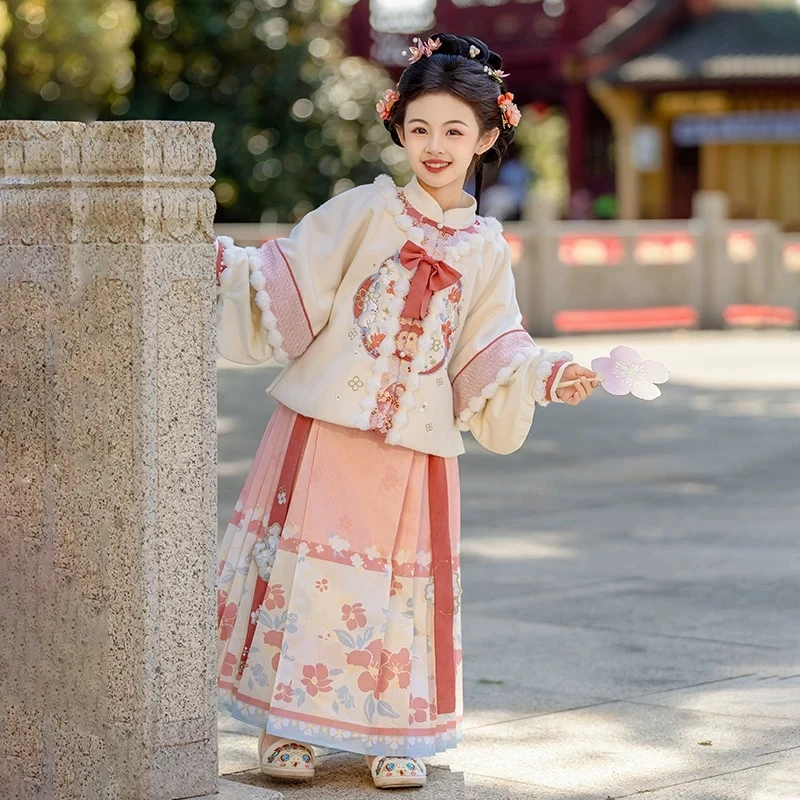 【年服7208】女童汉服拜年服冬季加厚红色国风唐装明制马面裙套装