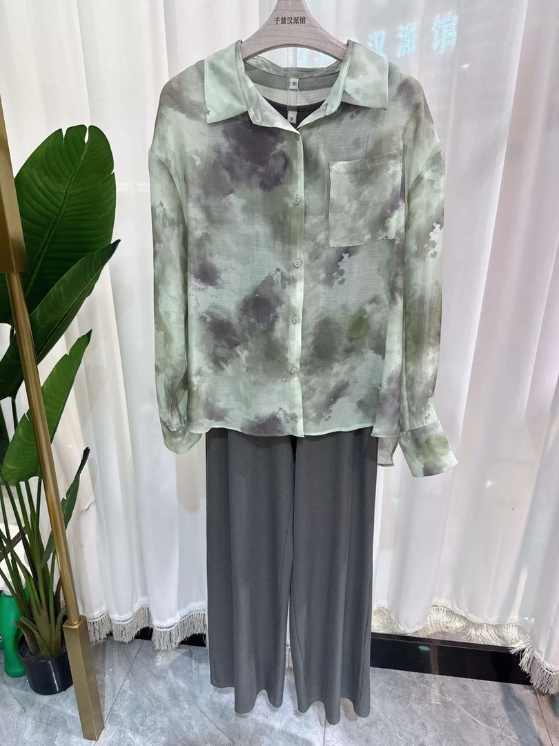 T4212泼墨晕染吊带阔腿裤三件套