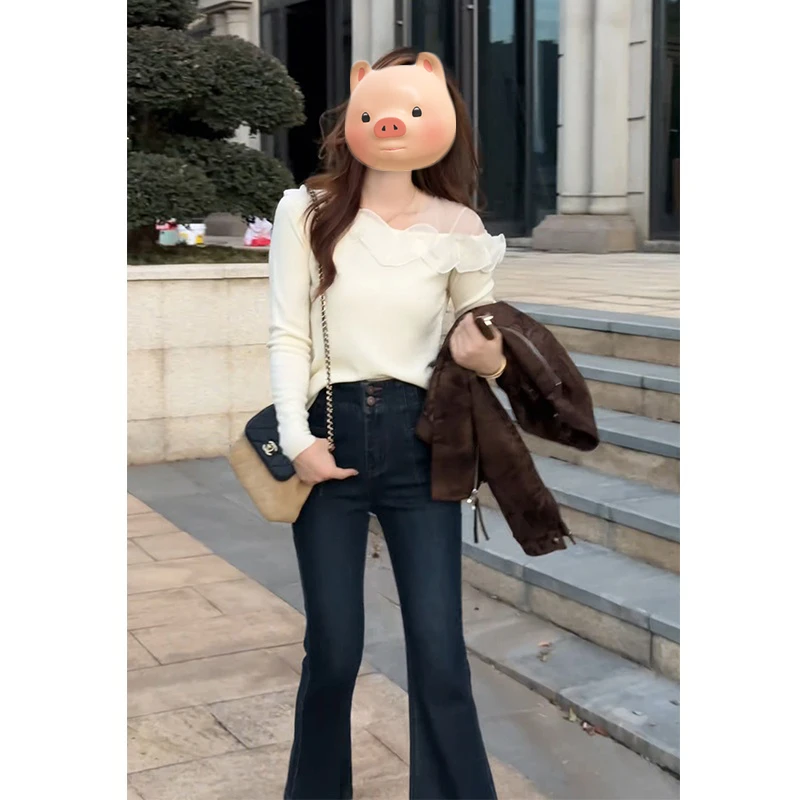 法式蕾丝拼接荷叶边长袖针织衫女秋冬修身内搭打底衫早秋chic上衣