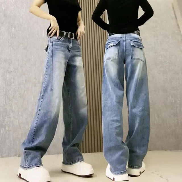 梨形身材弯刀牛仔裤女春季新款窄版显瘦香蕉裤高腰阔腿直筒长裤子