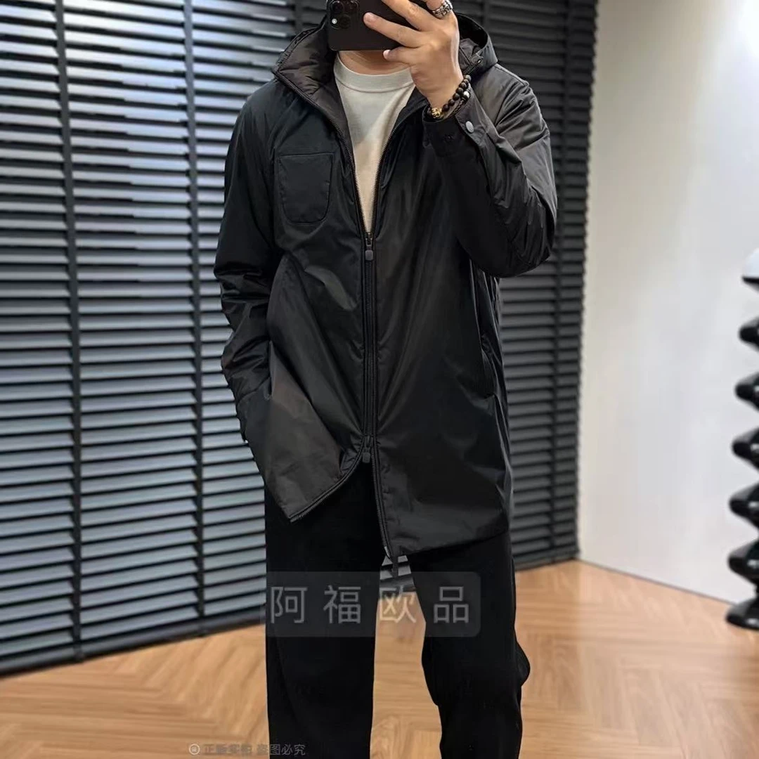 【阿福欧品】男士顶奢桑蚕丝内里填充连帽中长款外套