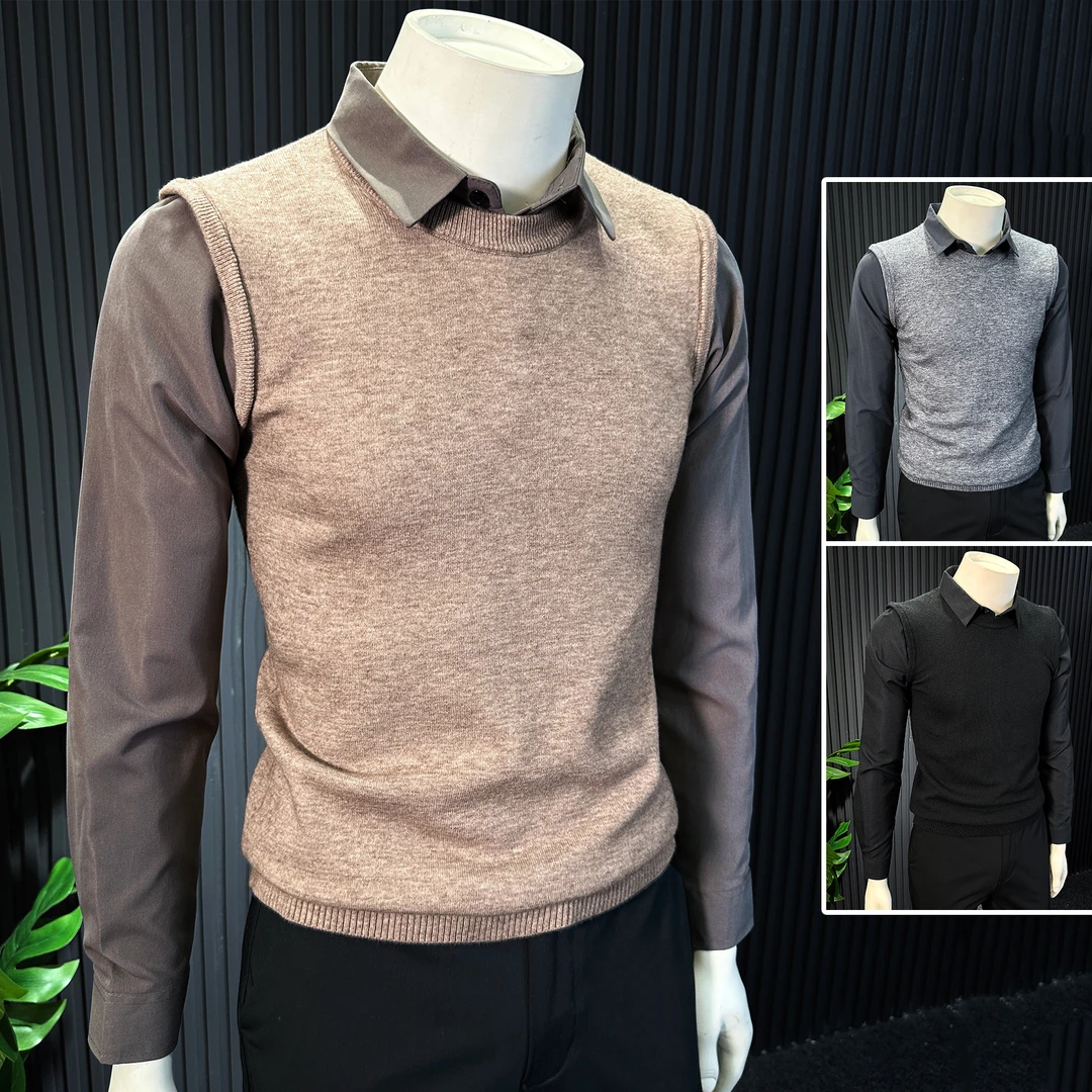 假两件长袖衬衫男款爆款2025新款高级感男装针织秋季款男士打底衫