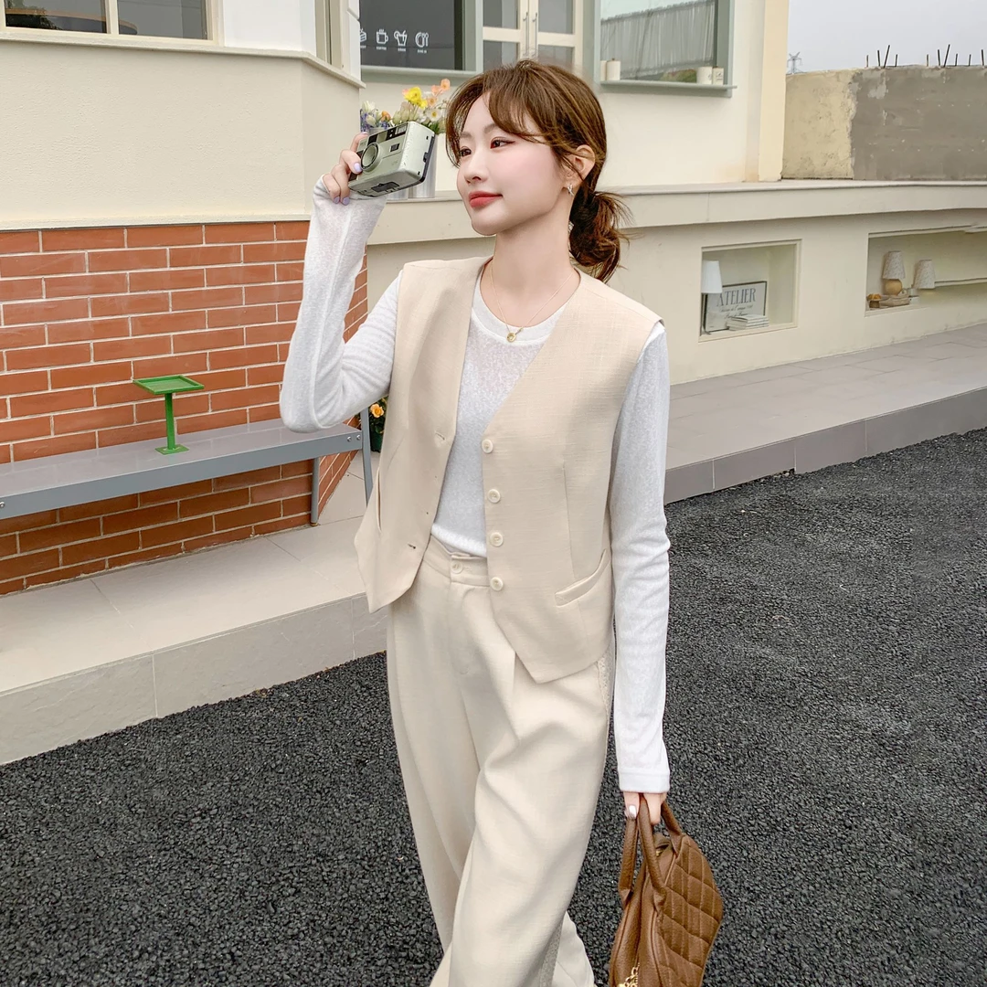 设计感马甲打底衫阔腿长裤三件套2025春季新款时尚超好看显瘦套装