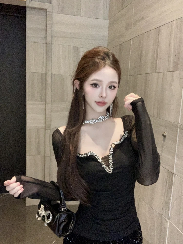 长袖网纱拼接设计感镶钻方口领性感洋气修身上衣超火爆纯色新款