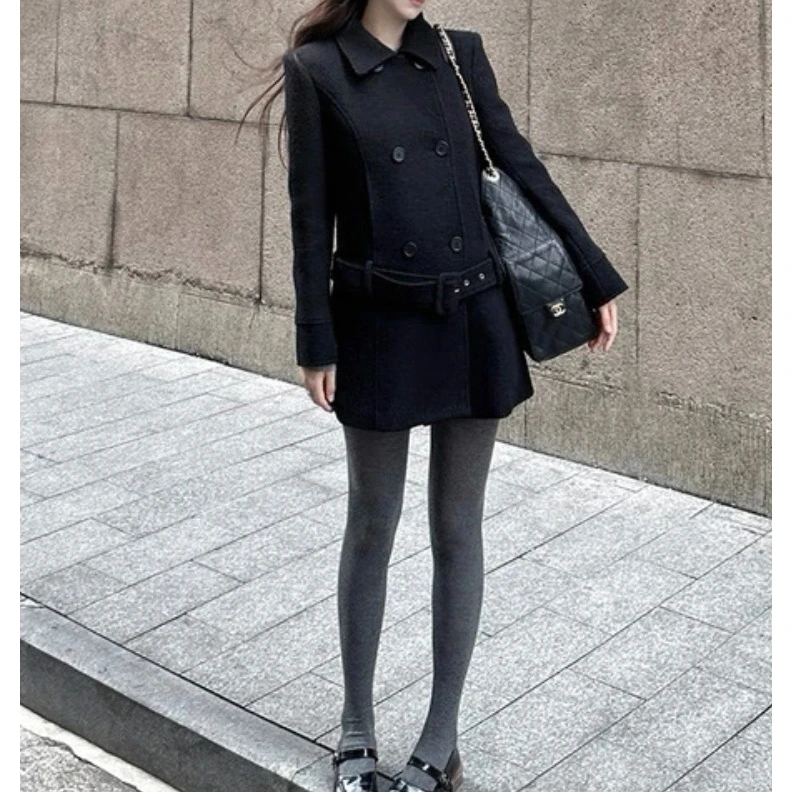 吐司耶耶黑色外套女冬季大衣双排扣中长款翻领宽松复古