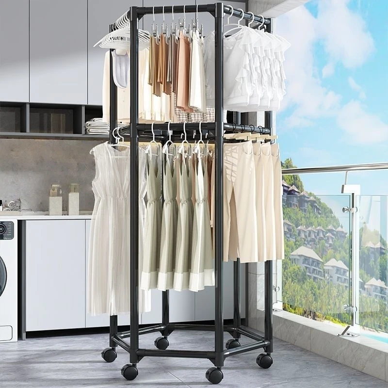 简易组装360移动多功能卧室晾晒衣架衣服落地收纳衣帽架寝室家用