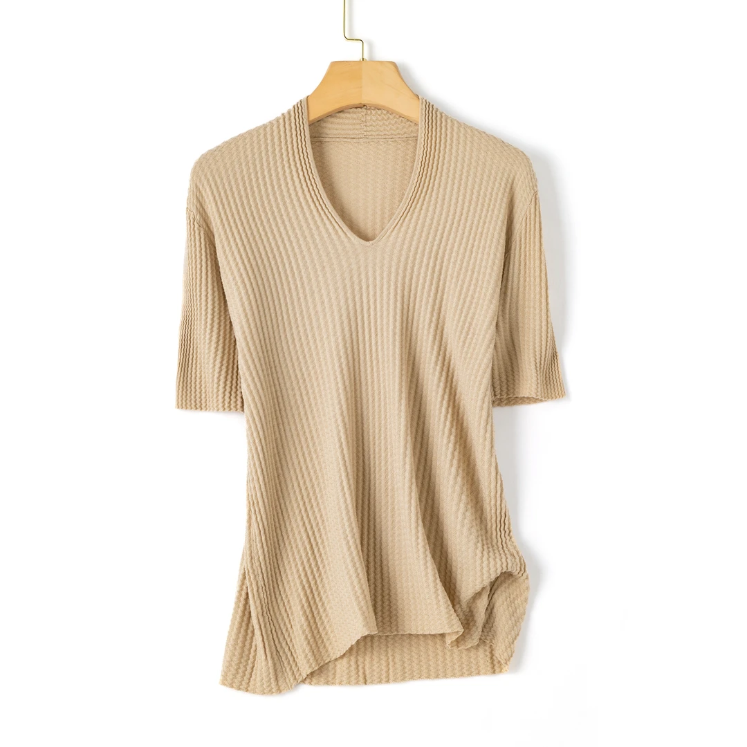 【莱赛尔+桑蚕丝】春夏女士V领针织百搭T恤薄款时尚菱纹短袖34002