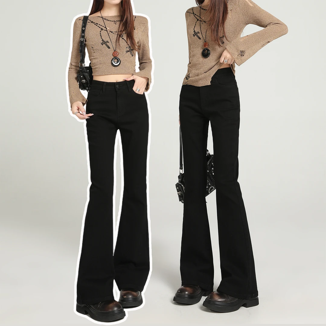 黑色牛仔裤女2025新款高腰薄绒微喇裤九分小个子秋冬加绒喇叭长裤