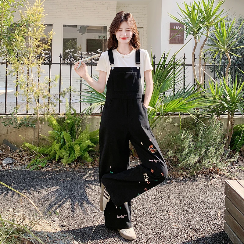 减龄重工显瘦黑色直筒女韩版白色T恤休闲宽松阔腿高腰裤套装裤子