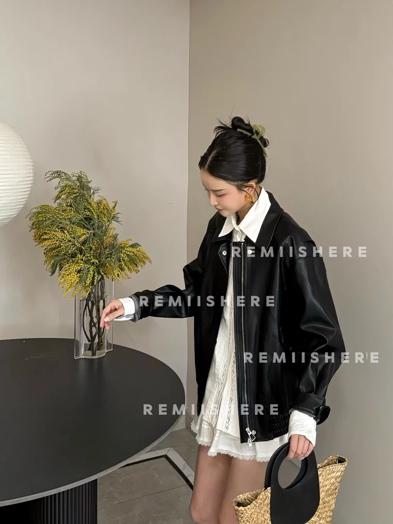 Remiishere.“幽兰墨影”美式复古宽松皮衣外套RH208