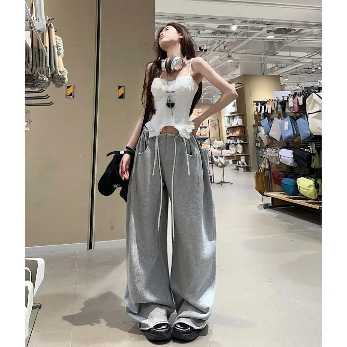 美式复古灰色抽绳卫裤女2025夏季新款垂感宽松阔腿裤休闲直筒长裤