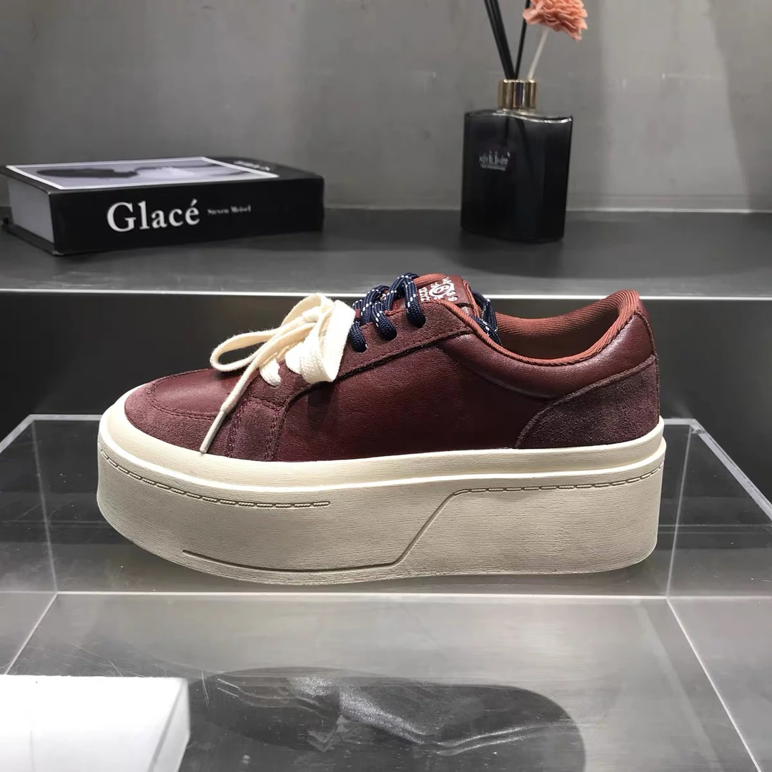 厚底板鞋女圆头双系带真皮休闲鞋百搭