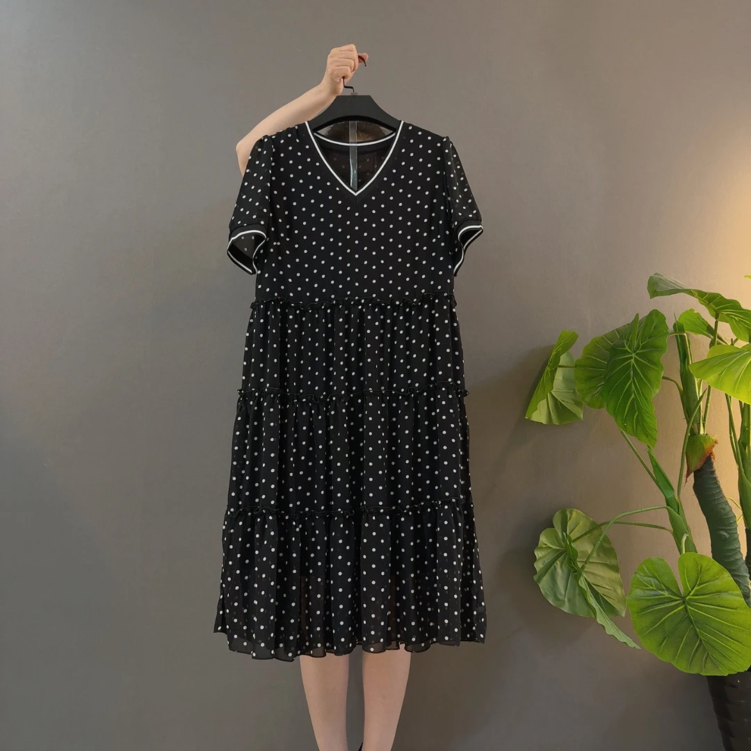 辣妈连衣裙夏季系带气质V领中长款波点法式印花宽松圆领拼接