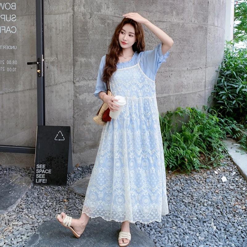 法式短袖可爱风氛围感时尚蕾丝套装中长款气质长裙夏季甜美两件套