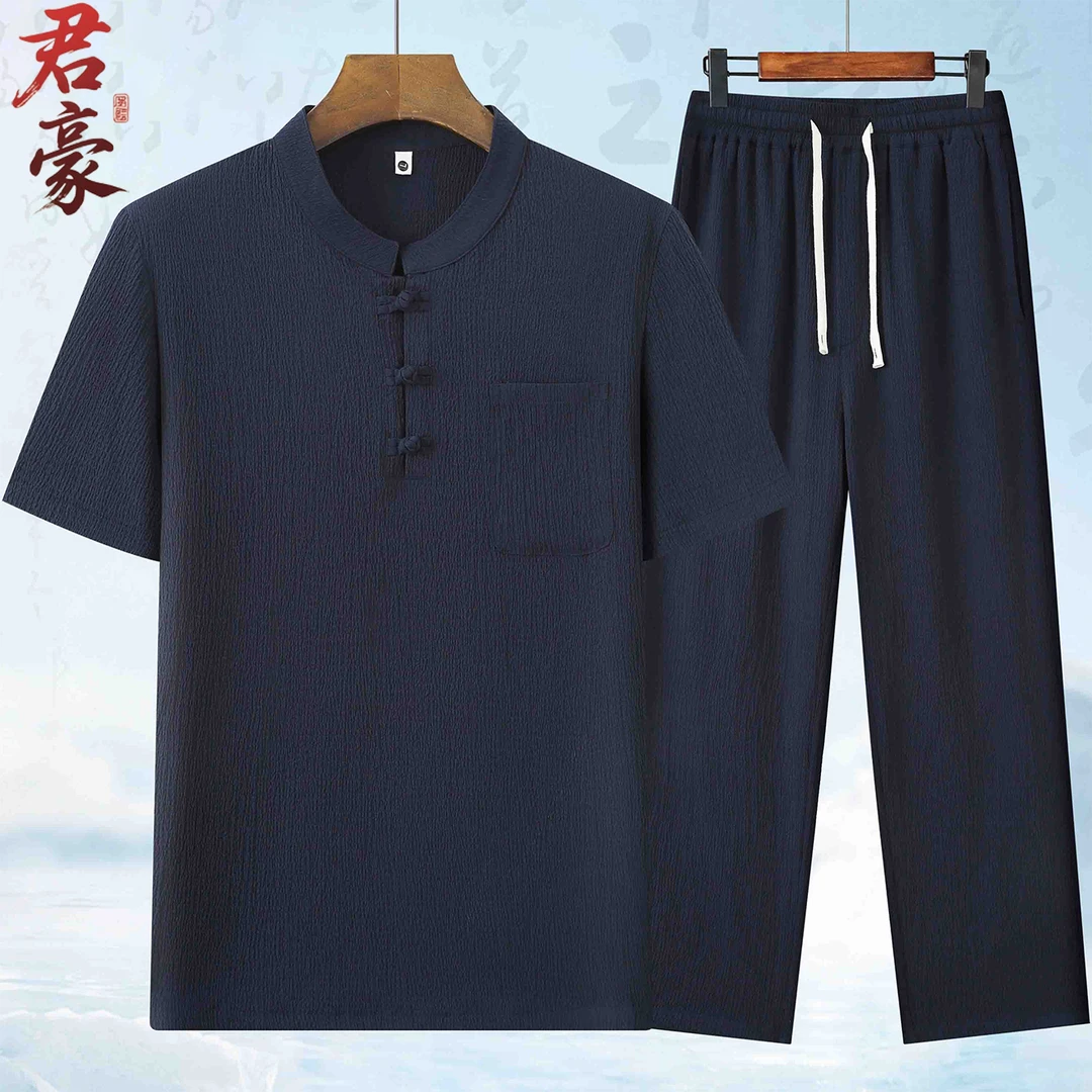 中年男士唐装中式休闲运动套装中老年爸爸装夏季宽松薄款国风衣服