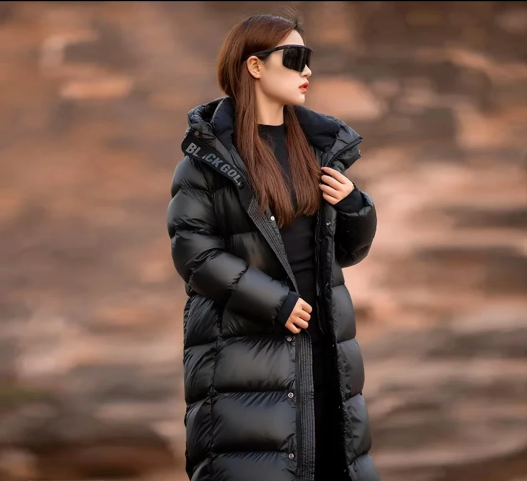 【明星同款】反季黑金长款保暖羽绒服加厚带帽休闲宽松外套男女同款