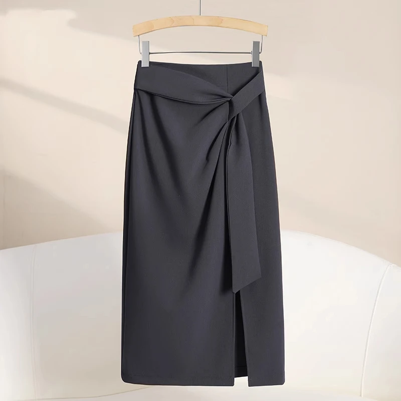 拉夏贝尔设计感直筒半身裙女夏季2025新款气质高腰百搭开叉直筒群