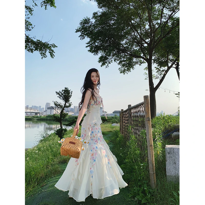 六指导 盛夏花季 浪漫荷叶边拼接挂脖连衣裙女气质显瘦减龄仙女裙