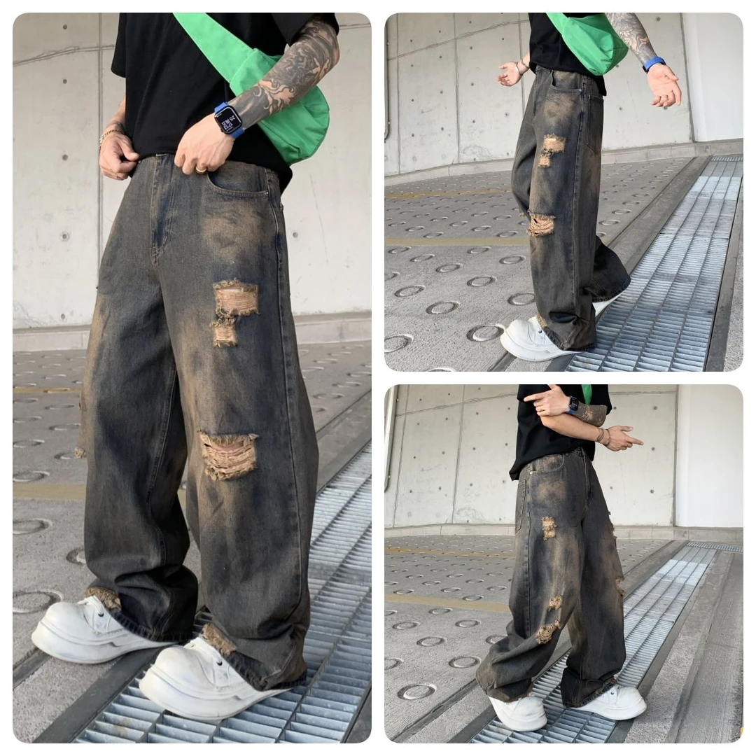 25SS【泥染牛王】高品质设计感流苏宽松做脏做旧水洗磨破破洞牛仔裤