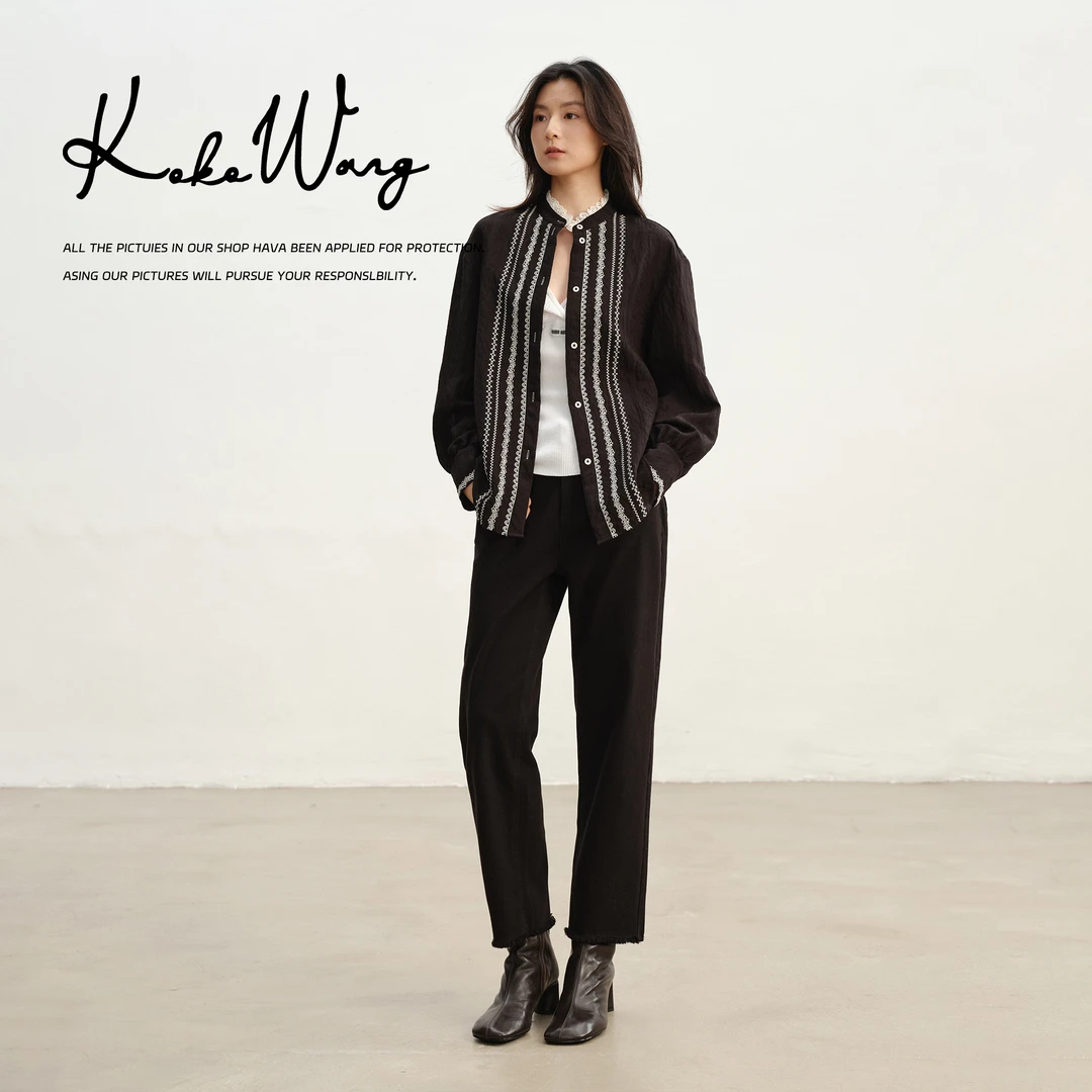 KOKO WANG 早秋新款蕾丝撞色暗纹提花时尚百搭衬衫 N0685G07CS41