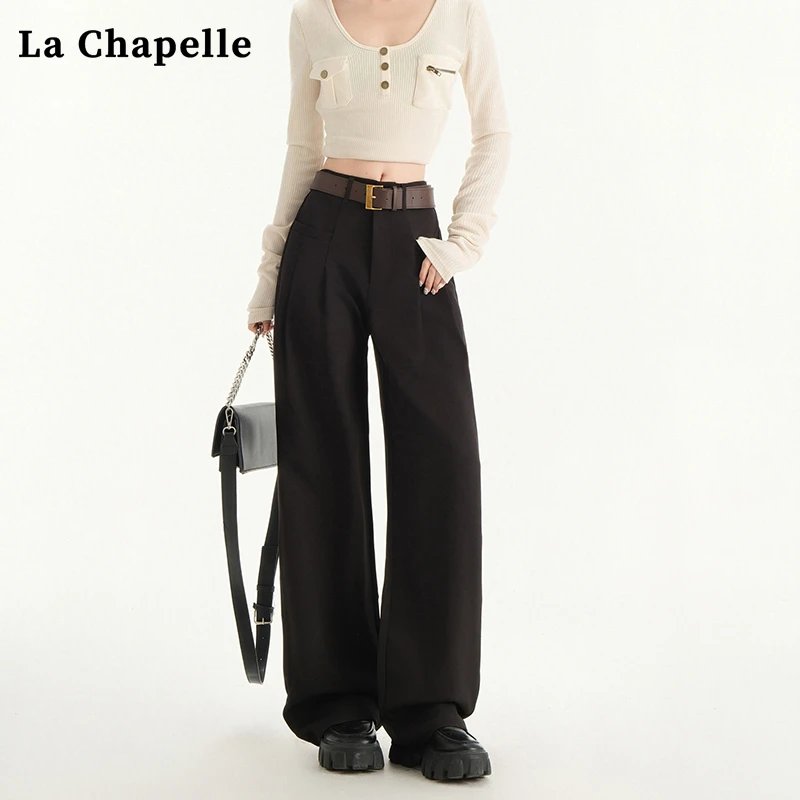 拉夏贝尔窄版阔腿休闲裤女夏季高腰宽松显瘦设计感直筒西装长裤子