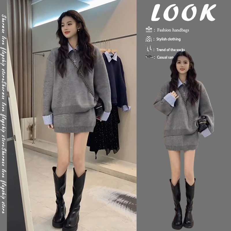 今年流行穿搭韩版慵懒风宽松polo领拼接毛衣高腰显瘦半身裙两件套