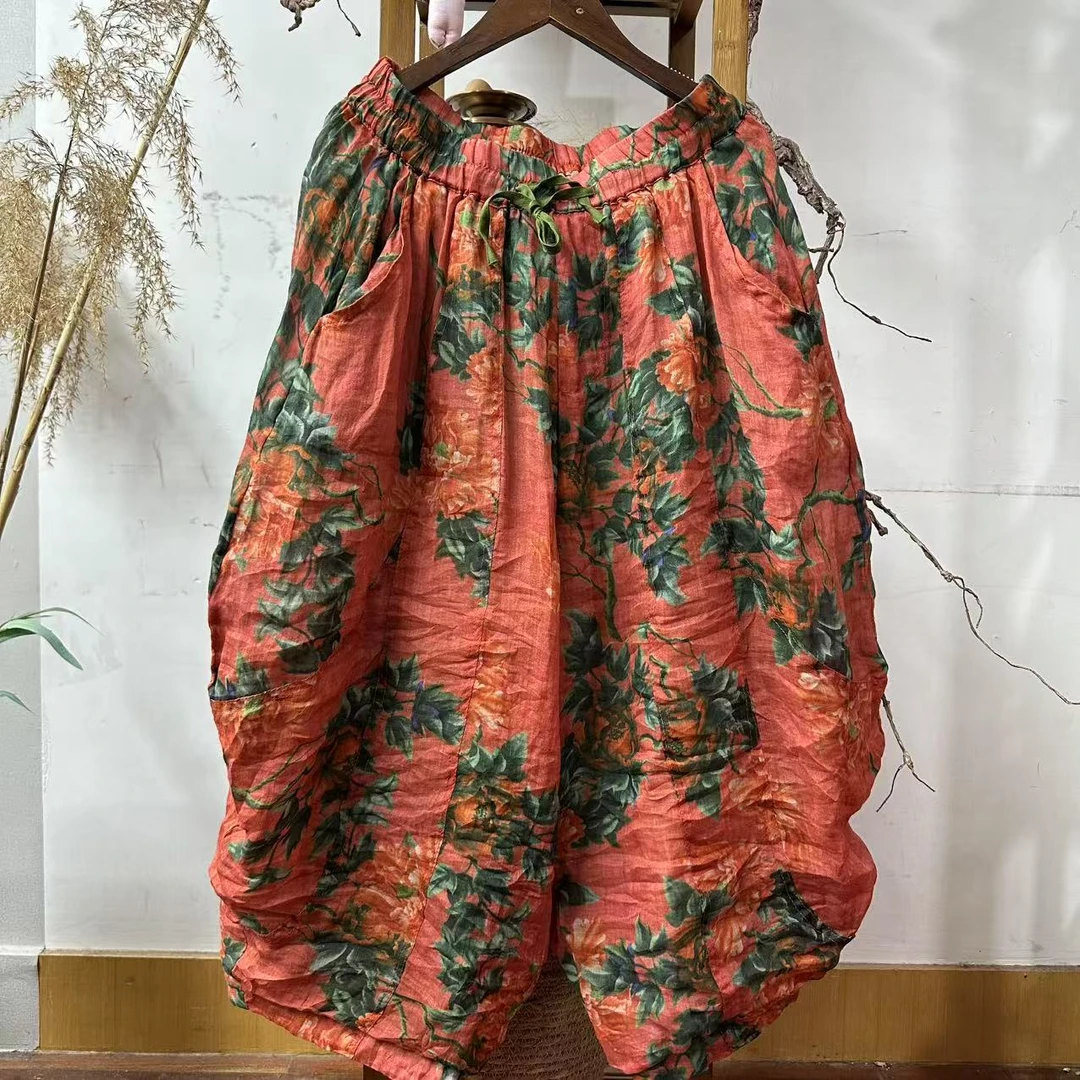 麻四--原创苎麻时尚百搭数码印花双层哈伦裤