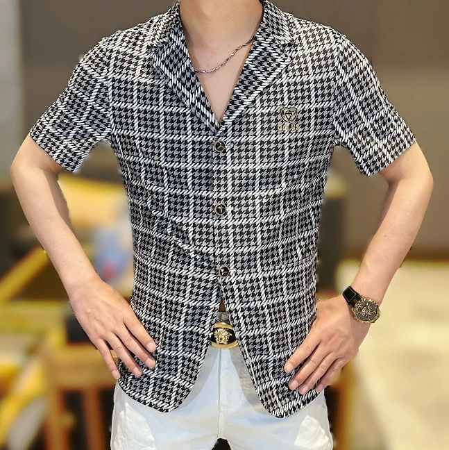2025夏季新款修身男士高品质个性千鸟格印花休闲冰丝西服短袖T恤