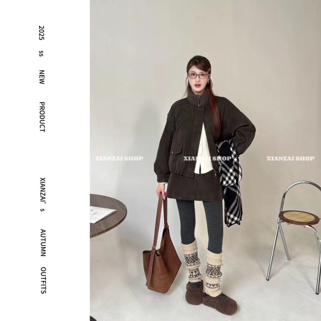 XIANZAI【曲奇可颂】冬季新款立领反绒皮羽绒夹克外套短裙两件套装