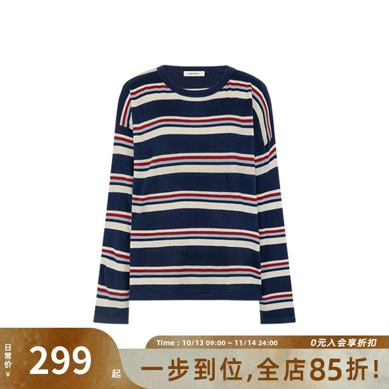 美洋MEIYANG 三色堇针织衫 莱赛尔羊绒混纺条纹圆领长袖上衣