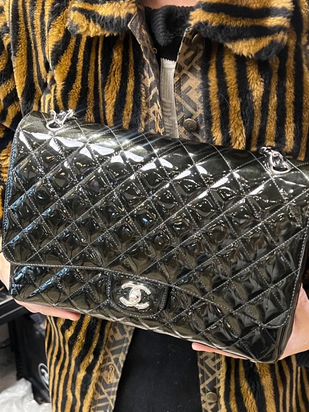 95新 Chanel/香奈儿 chanel黑绿细闪银扣maxi cf