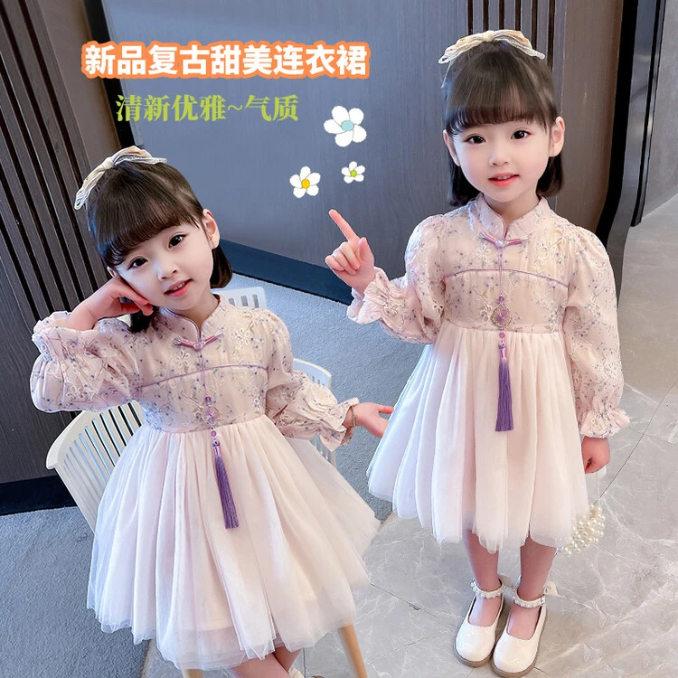 现货，女童秋季长袖挂件连衣裙儿童裙子气质洋气宝宝复古中国风