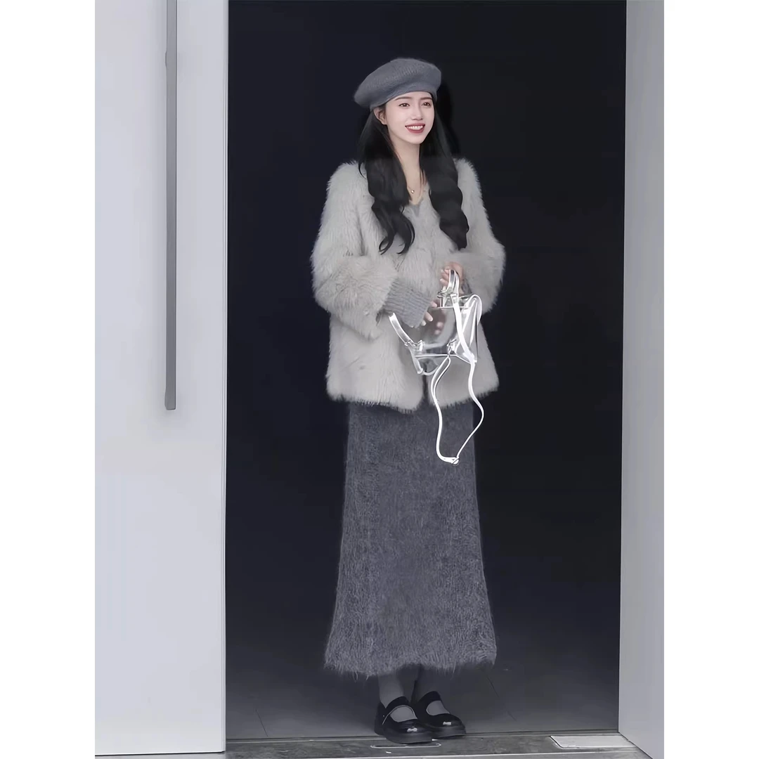 2026超火春秋一整套ootd穿搭气质女神范名媛风毛毛外套半身裙套装