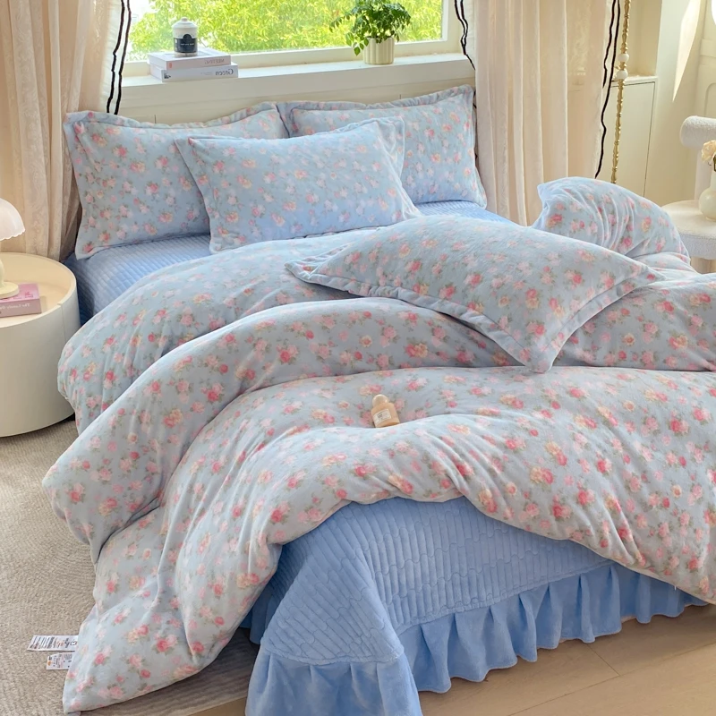 升级款加厚双面牛奶绒床盖四件套秋冬季保暖免打理花边床盖可机洗