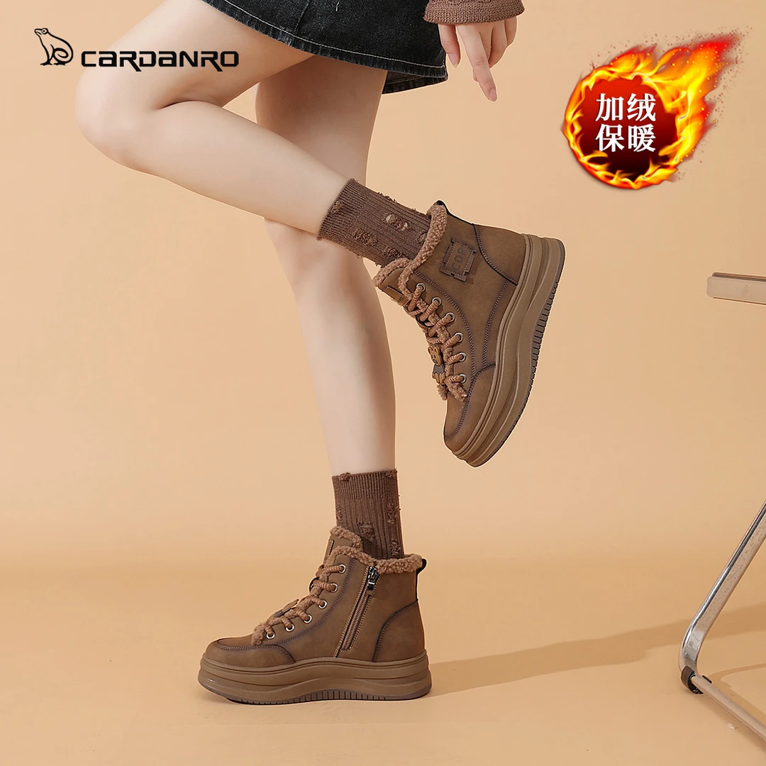Cardanro/卡丹路圆头可爱风女高帮加绒鞋厚底保暖百搭秋冬运动