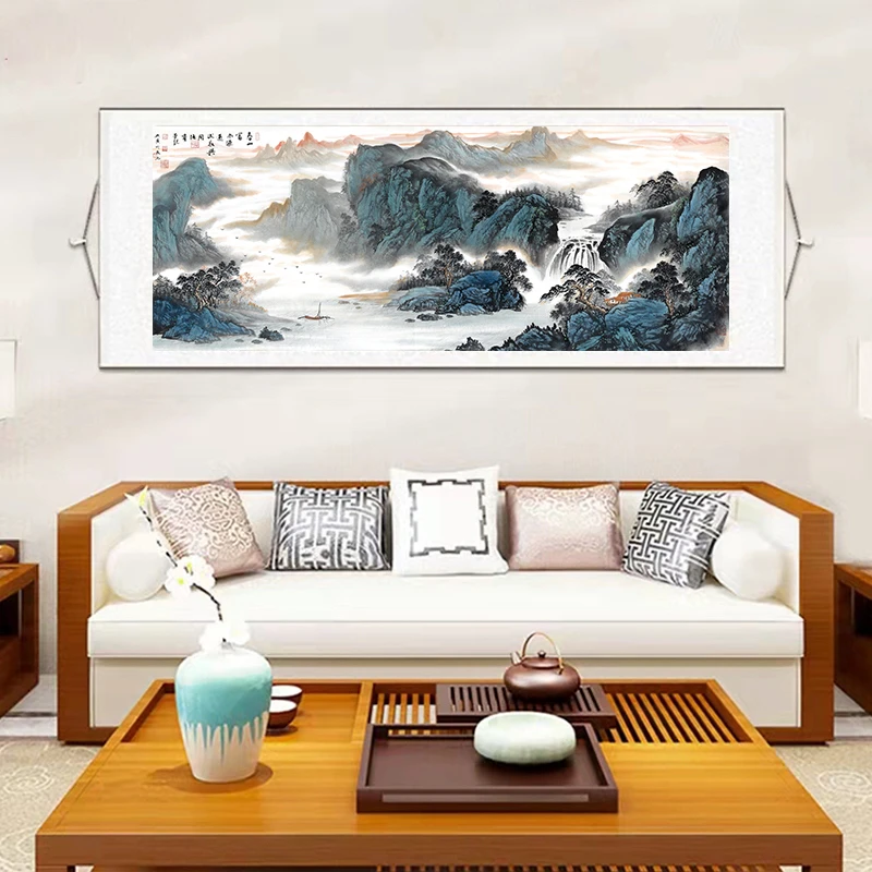 春山富水220*72横幅国画适合客厅办公室卧室茶室背景墙装饰画