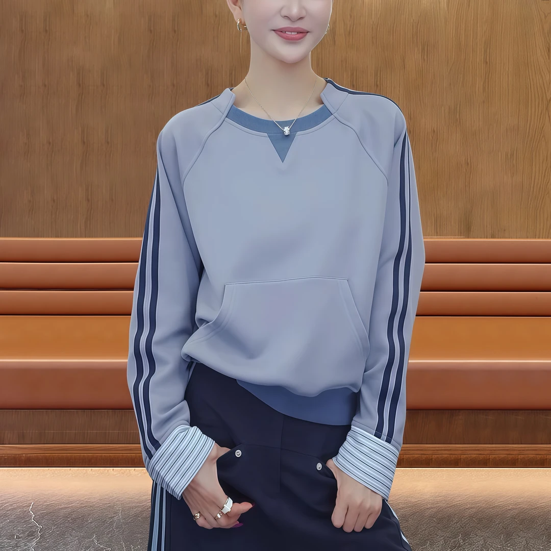 时尚不规则裁剪拼接卫衣女士开春新款长袖宽松显瘦圆领洋气休闲装